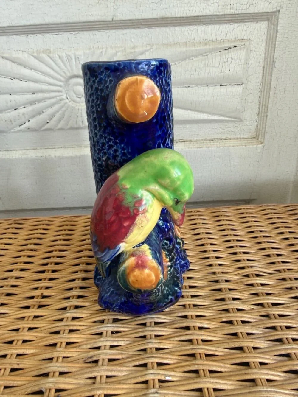 Vintage 50's Japan Blue Tree Stump Vase King Fisher Bird Vase Whimsical
